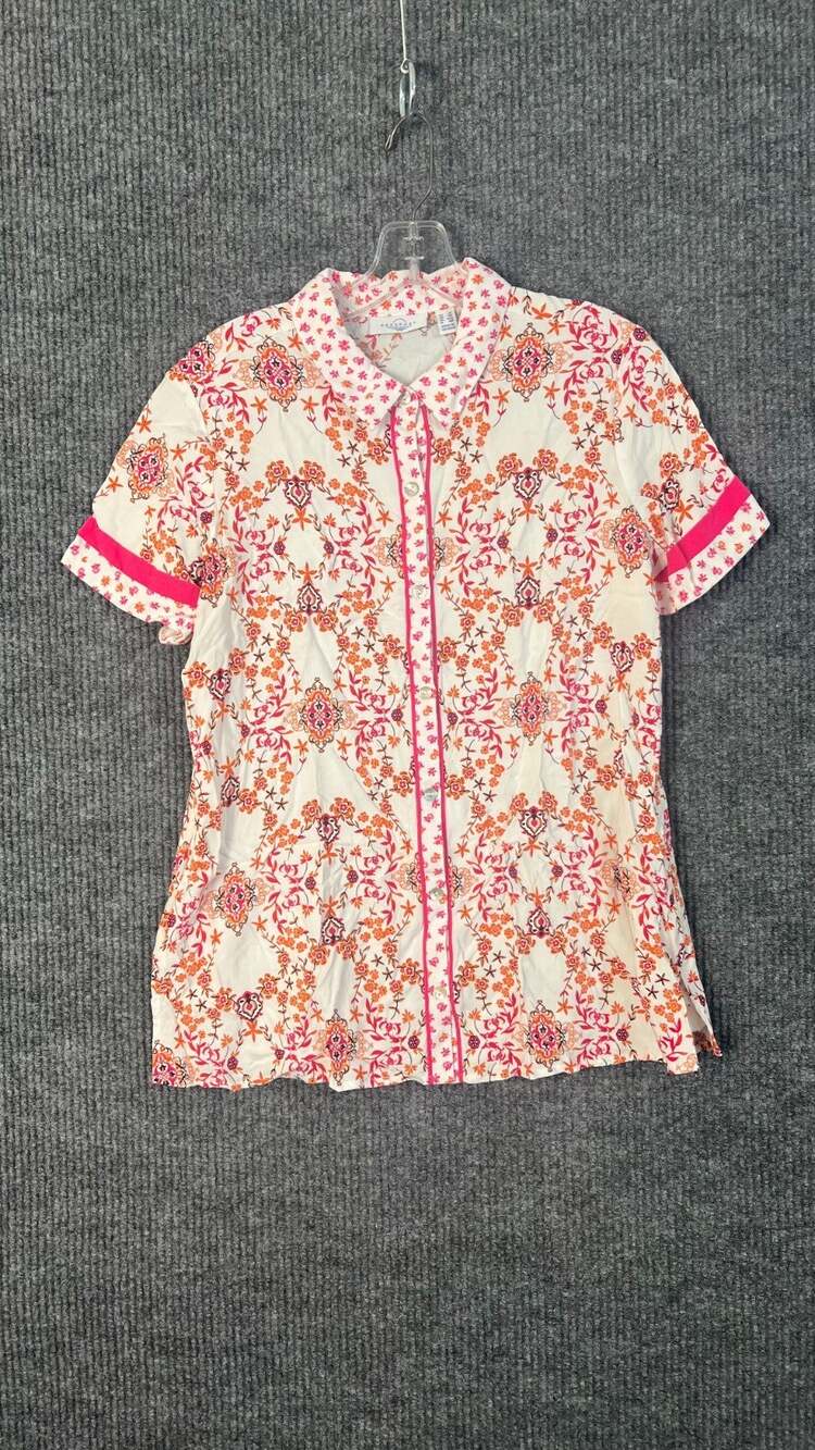Susan Graver Blouse Womens Small Petite Orange Pink Floral Short Sleeve Boho